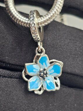 Sterling Silver 925 Rhodium Plated CZ Dangling Blue Blossom Charm